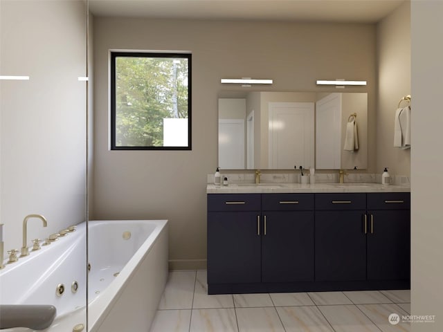 full bath with baseboards, a sink, a tub with jets, and double vanity