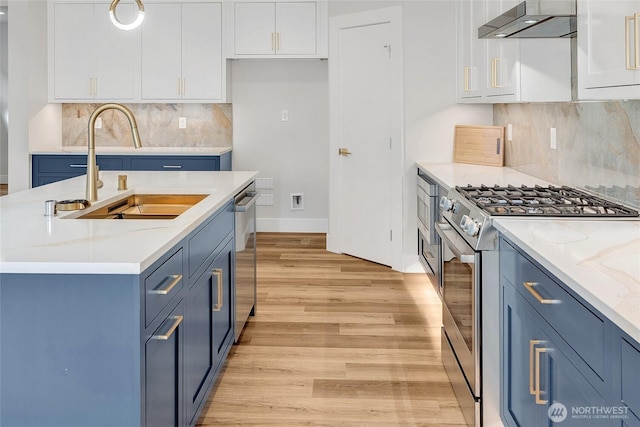 21402 E 39th Dr SE Unit A, Bothell, WA 98021 - kitchen featuring stainless steel appliances, a sink, blue cabinets, light wood finished floors, and white cabinetry