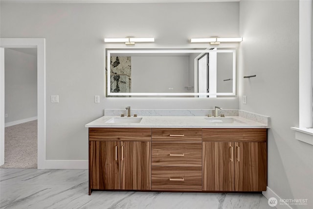 21402 39th Dr SE Unit A, Bothell, WA 98021 - full bath featuring double vanity, baseboards, and marble look tile flooring