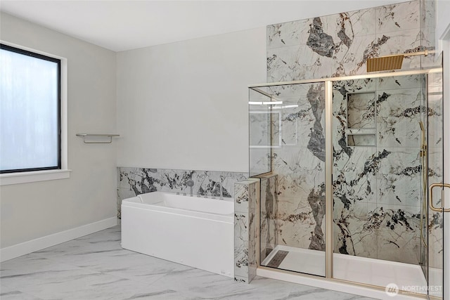 21402 39th Dr SE Unit A, Bothell, WA 98021 - full bath featuring marble finish floors, a garden tub, a marble finish shower, and baseboards
