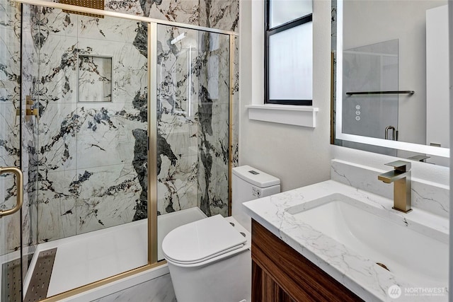 21402 39th Dr SE Unit A, Bothell, WA 98021 - bathroom with toilet, vanity, and a marble finish shower