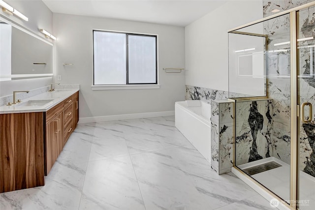 21402 39th Dr SE Unit A, Bothell, WA 98021 - full bath with marble finish flooring, a bath, double vanity, a marble finish shower, and baseboards