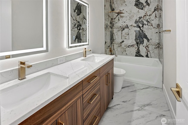 21402 39th Dr SE Unit A, Bothell, WA 98021 - full bath featuring marble look tile flooring, double vanity, toilet, shower / bathtub combination, and baseboards