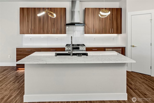 21402 39th Dr SE Unit A, Bothell, WA 98021 - kitchen with wall chimney exhaust hood, brown cabinetry, modern cabinets, and pendant lighting