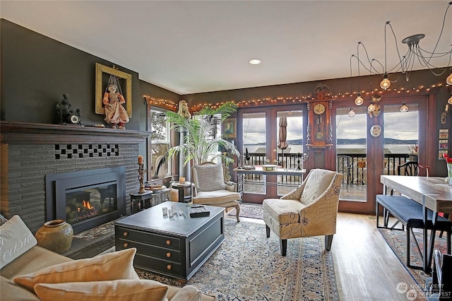 living room featuring hardwood / wood-style flooring, plenty of natural light, and a fireplace