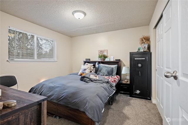 carpeted bedroom with a textured ceiling and a closet