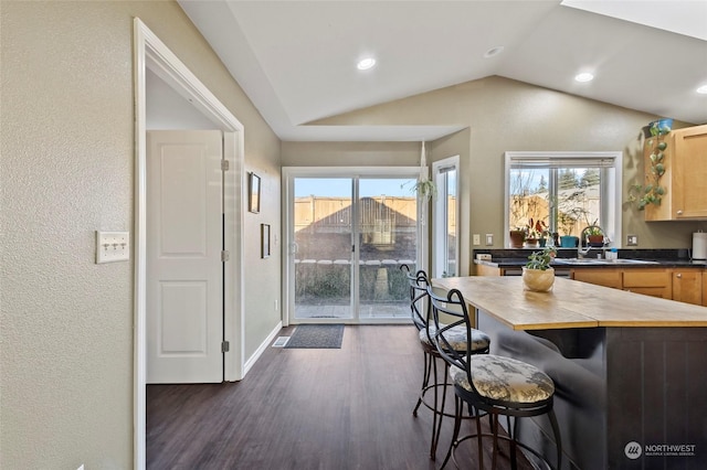 kitchen with dark wood-type flooring, a breakfast bar, vaulted ceiling, and a wealth of natural light