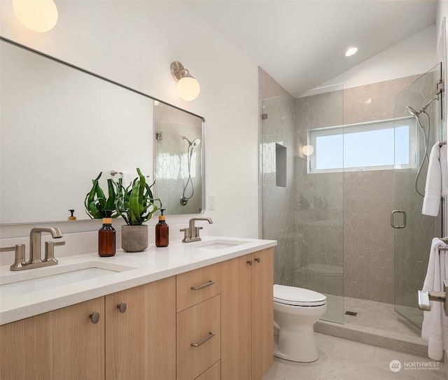 bathroom featuring lofted ceiling, tile patterned flooring, vanity, an enclosed shower, and toilet