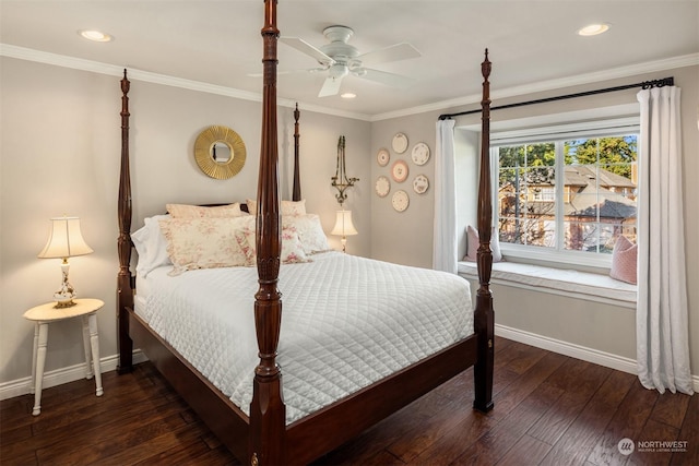 bedroom with dark hardwood / wood-style flooring, ornamental molding, and ceiling fan