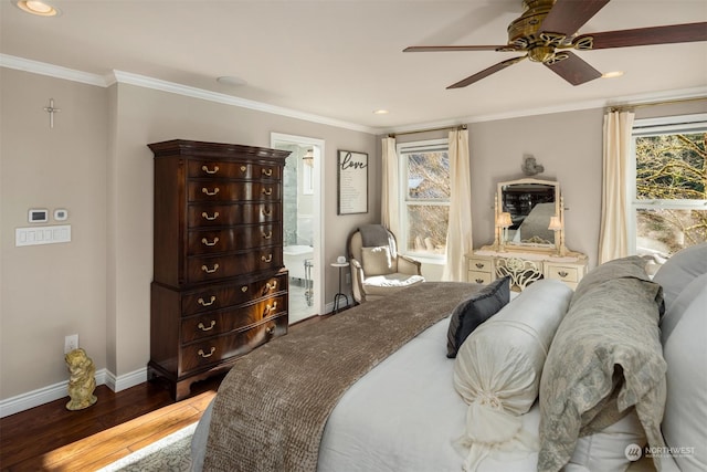 bedroom featuring crown molding, ceiling fan, wood-type flooring, and ensuite bathroom