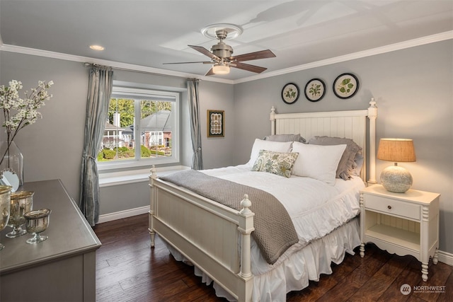 bedroom featuring crown molding, ceiling fan, and dark hardwood / wood-style flooring