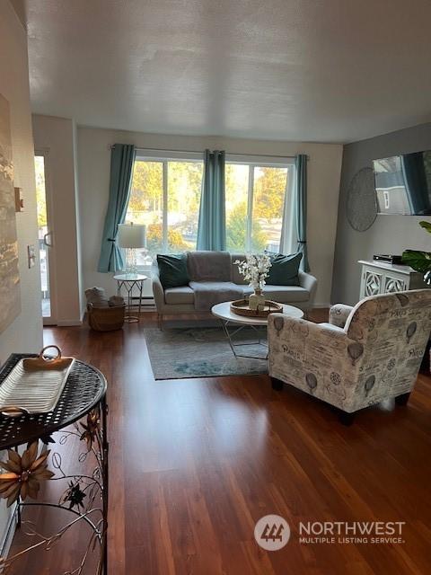 living room with dark wood-type flooring