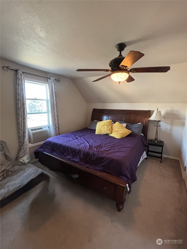 carpeted bedroom with lofted ceiling, baseboards, a ceiling fan, and a textured ceiling