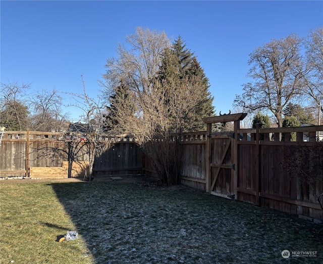 view of yard featuring a gate and a fenced backyard