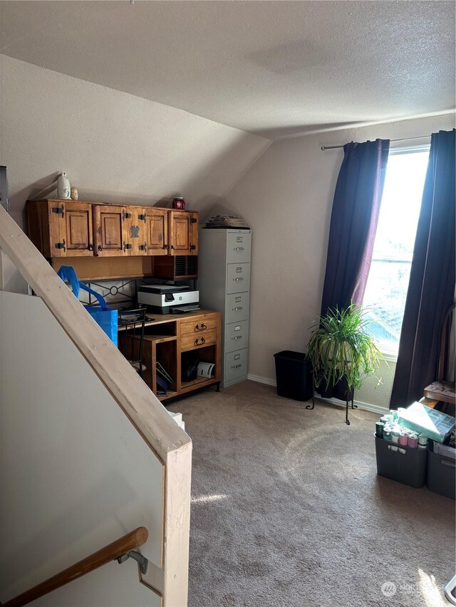 interior space with light carpet, lofted ceiling, brown cabinets, light countertops, and a textured ceiling