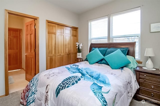 carpeted bedroom featuring a closet