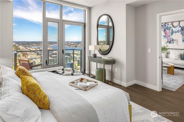 bedroom with a water view, dark hardwood / wood-style flooring, and multiple windows