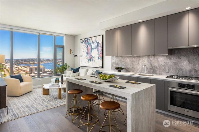 kitchen with gray cabinets, a breakfast bar, sink, stainless steel appliances, and a water view