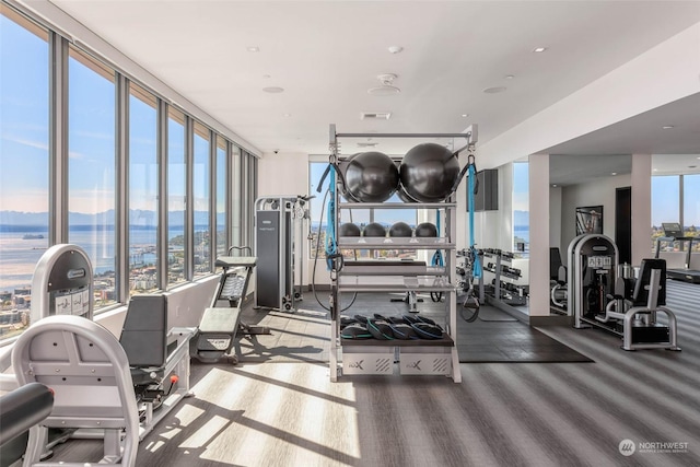 exercise room with a water view