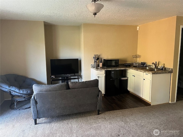 living area featuring a textured ceiling and dark carpet