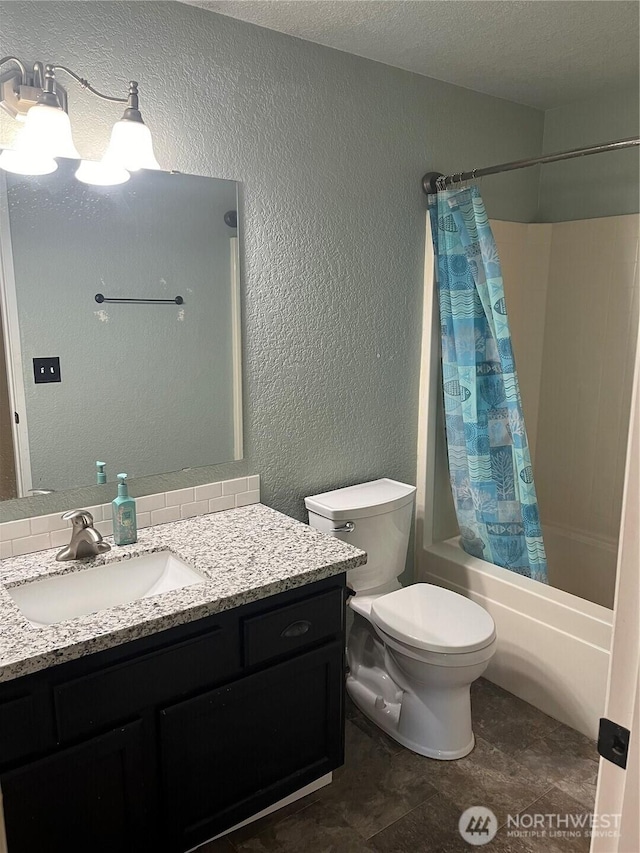 full bathroom with a textured wall, toilet, a textured ceiling, vanity, and shower / bath combination with curtain