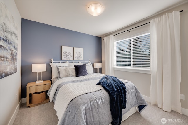 bedroom featuring baseboards and carpet