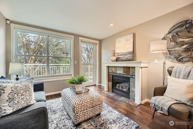 living room featuring a tiled fireplace and dark hardwood / wood-style flooring