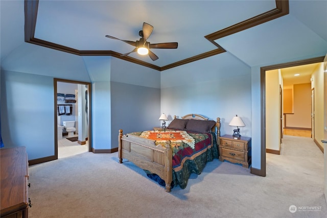 bedroom with ceiling fan, ornamental molding, ensuite bath, and light carpet