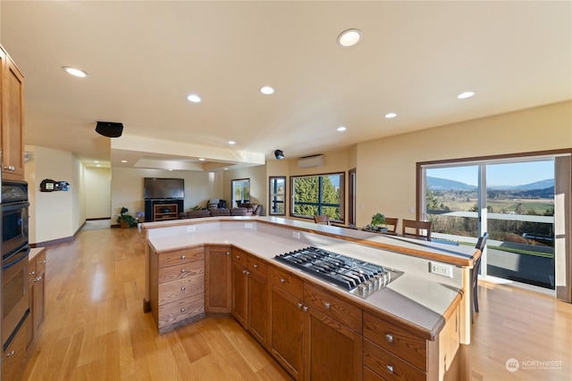 kitchen featuring a wall mounted air conditioner, stainless steel appliances, and light wood-type flooring