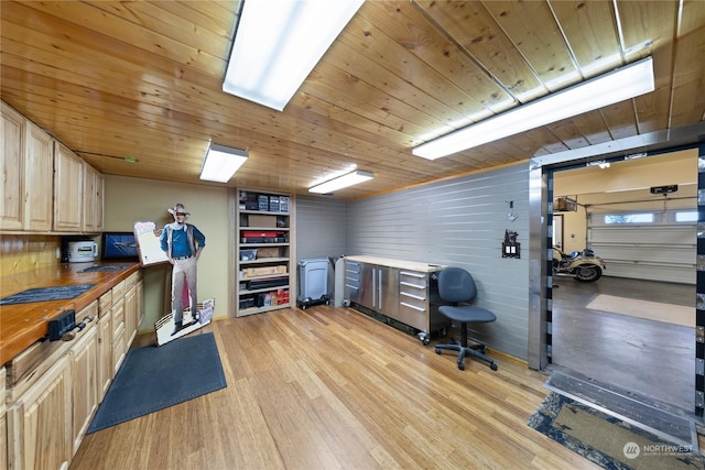 office area with wood ceiling and light hardwood / wood-style floors