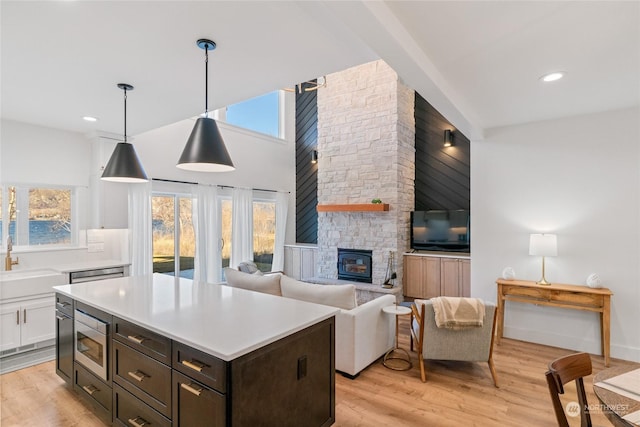 kitchen featuring light wood-type flooring, pendant lighting, stainless steel appliances, a fireplace, and white cabinets