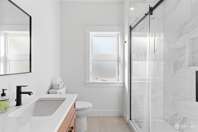 bathroom with vanity, a shower with shower door, and toilet