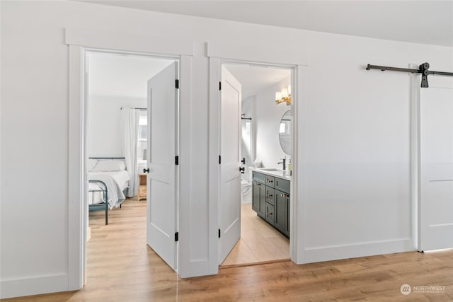 corridor featuring a barn door, sink, and light hardwood / wood-style floors