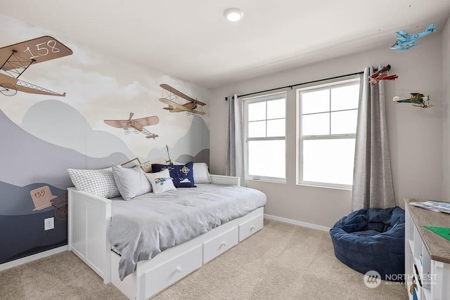 bedroom with light colored carpet