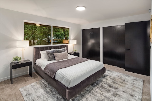 bedroom with two closets and light colored carpet