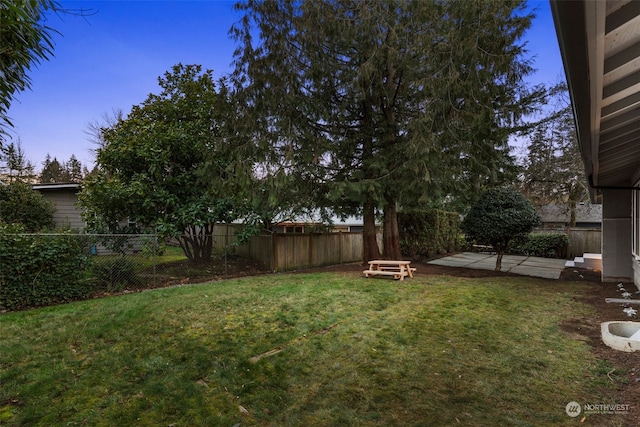 yard at dusk featuring a patio area