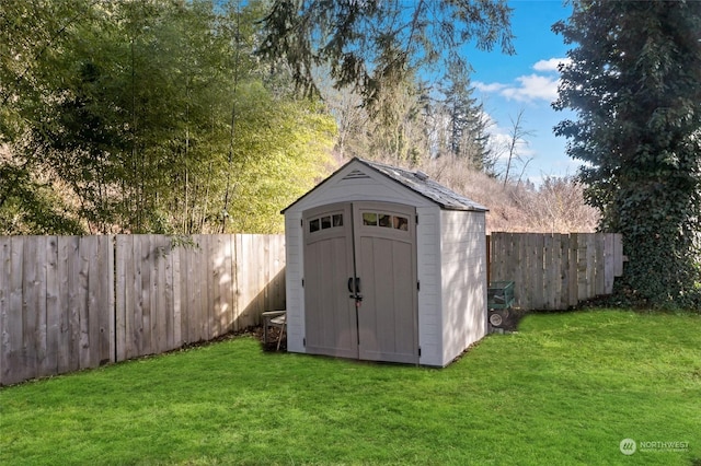 view of shed with a fenced backyard