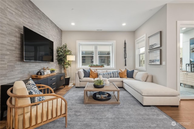 living room with dark wood-type flooring