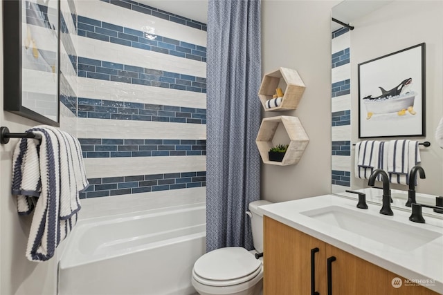 full bathroom with shower / bathtub combination with curtain, vanity, and toilet