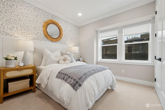 bedroom featuring light colored carpet and ornamental molding