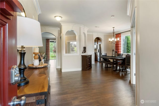 foyer entrance with dark wood-type flooring, plenty of natural light, and ornamental molding