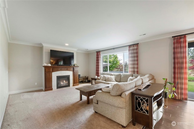 living room featuring ornamental molding, hardwood / wood-style floors, and a fireplace