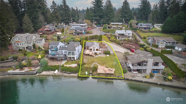 drone / aerial view featuring a water view