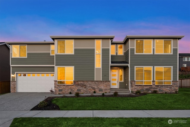 803 76th Dr SE, Lake Stevens, WA 98258 - view of front of property with an attached garage, crawl space, stone siding, driveway, and a front lawn