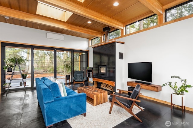 living area featuring a skylight, recessed lighting, wooden ceiling, a wall mounted air conditioner, and beamed ceiling