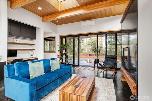 living area with recessed lighting, wood ceiling, a wall unit AC, and beamed ceiling