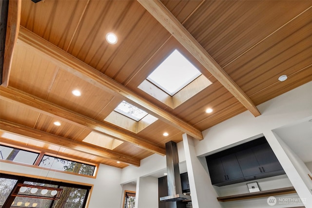 interior details featuring wooden ceiling, a skylight, beam ceiling, and recessed lighting