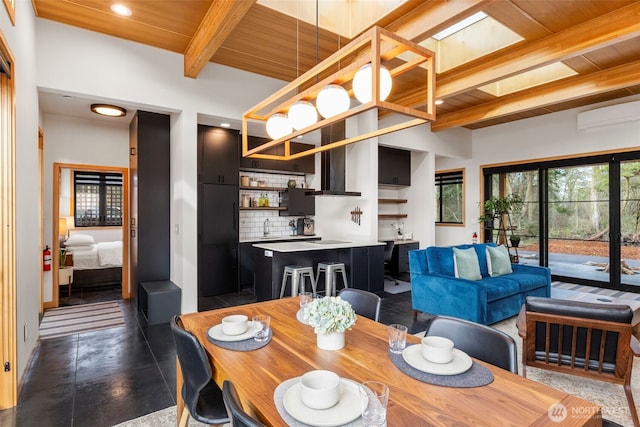 dining area featuring recessed lighting, wooden ceiling, and beamed ceiling