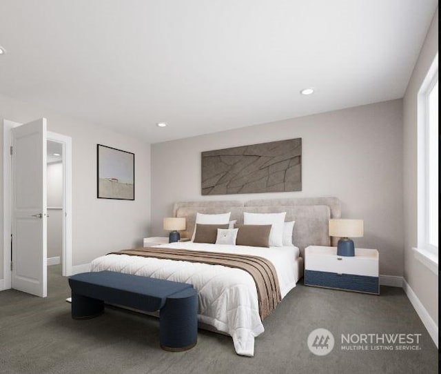 carpeted bedroom featuring multiple windows