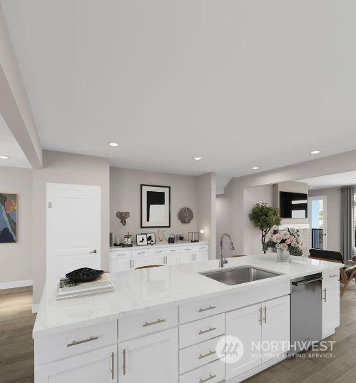 kitchen featuring sink, stainless steel dishwasher, white cabinets, and dark hardwood / wood-style floors